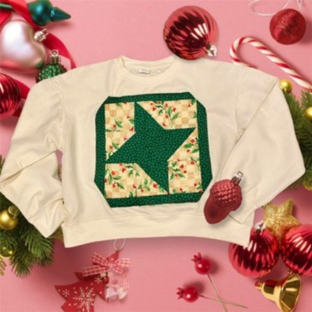 Quilted Holiday Christmas cropped sweatshirt upcycled Juniors XL